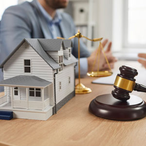 A miniature house and a gavel on a table, with people discussing legal matters in the background